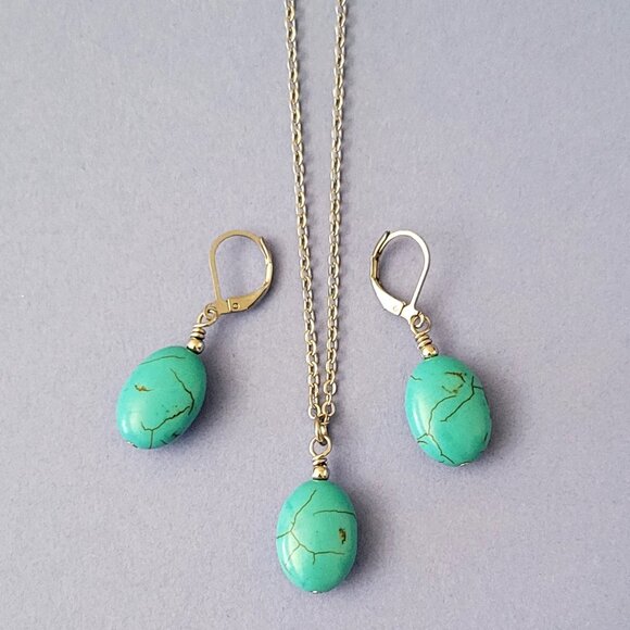 TURQUOISE HOWLITE Stainless Steel Gemstone Chain Necklace 18" Earrings SET - Picture 3 of 9